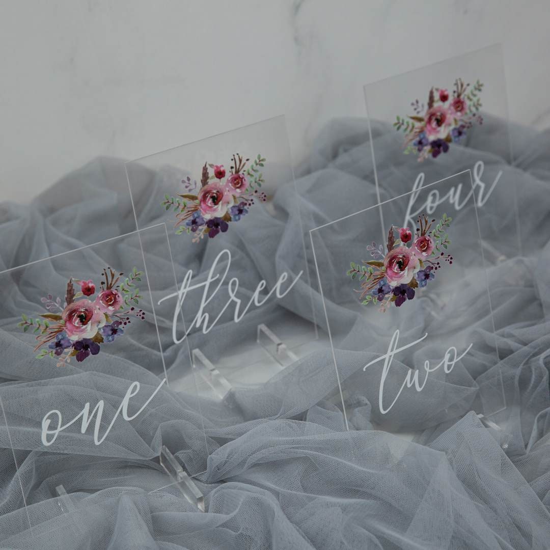 Floral Acrylic Wedding Table Number, Painted Purple & Pink thumbnail 3