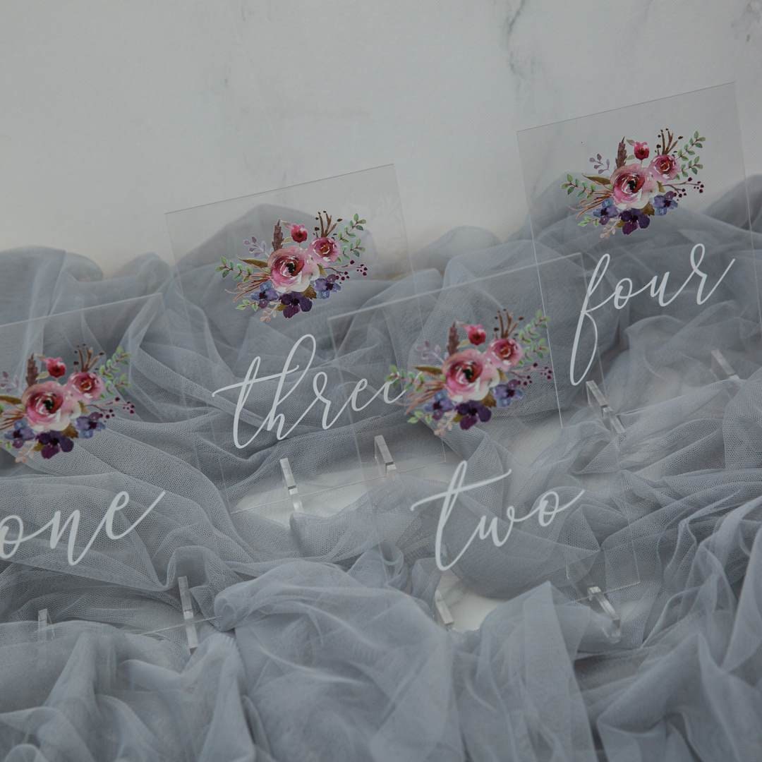 Floral Acrylic Wedding Table Number, Painted Purple & Pink thumbnail 4