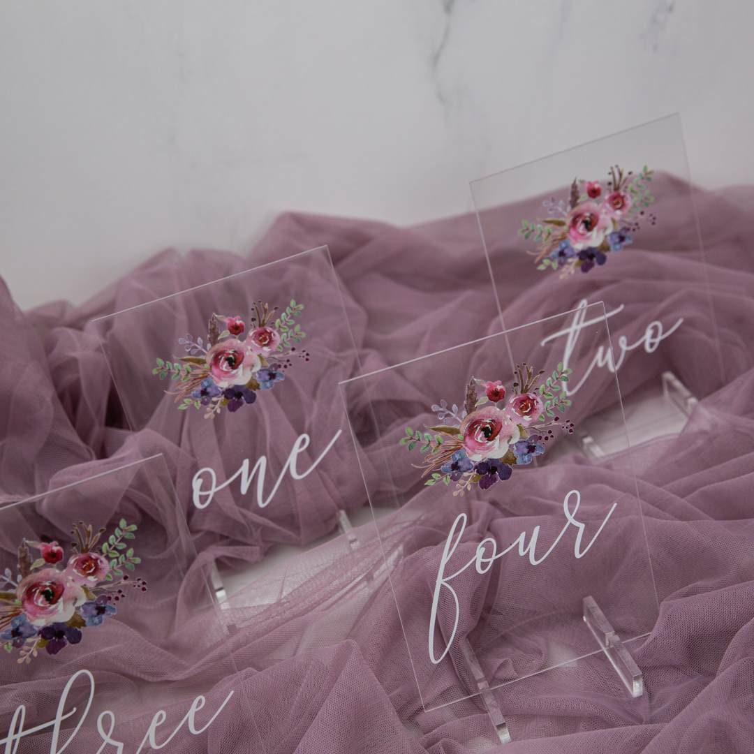 Floral Acrylic Wedding Table Number, Painted Purple & Pink thumbnail 5