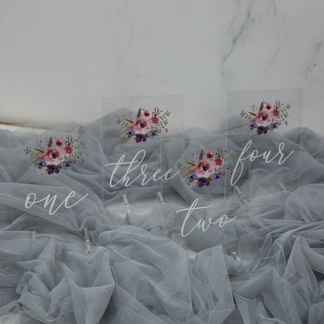 Floral Acrylic Wedding Table Number, Painted Purple & Pink thumbnail 6