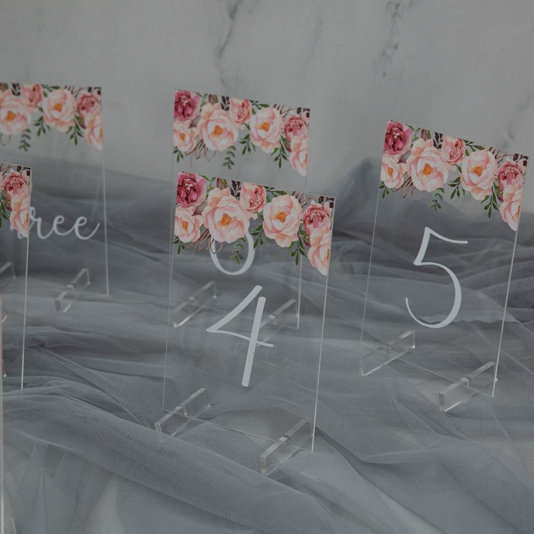 Peach & Pinks Floral Acrylic Wedding Table Number thumbnail 2