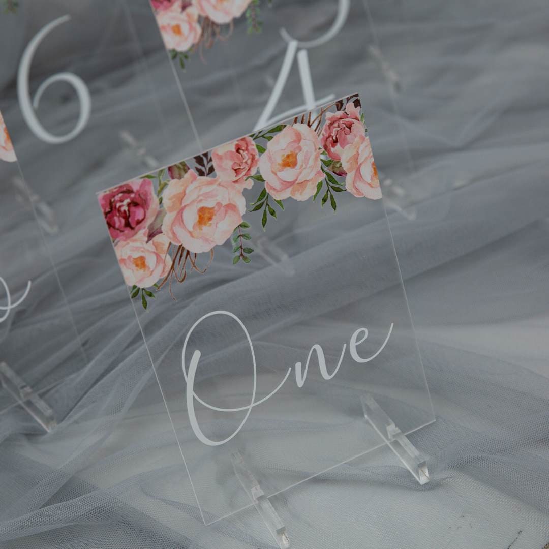 Peach & Pinks Floral Acrylic Wedding Table Number thumbnail 3