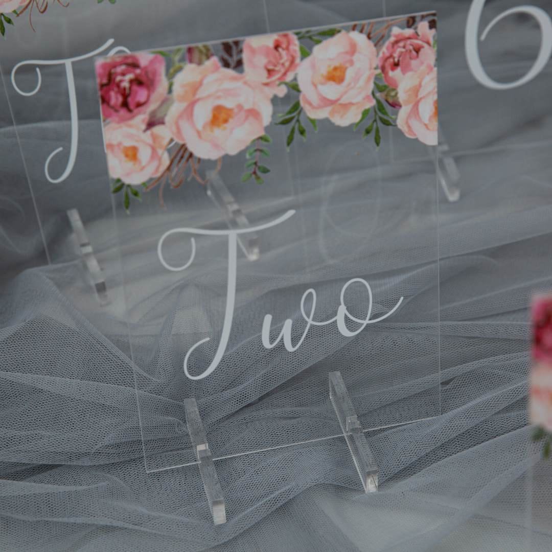Peach & Pinks Floral Acrylic Wedding Table Number thumbnail 4