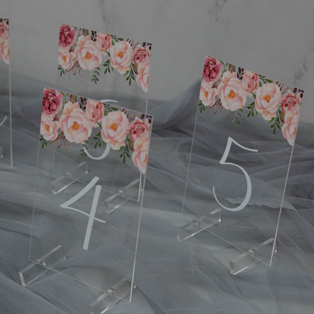Peach & Pinks Floral Acrylic Wedding Table Number thumbnail 5