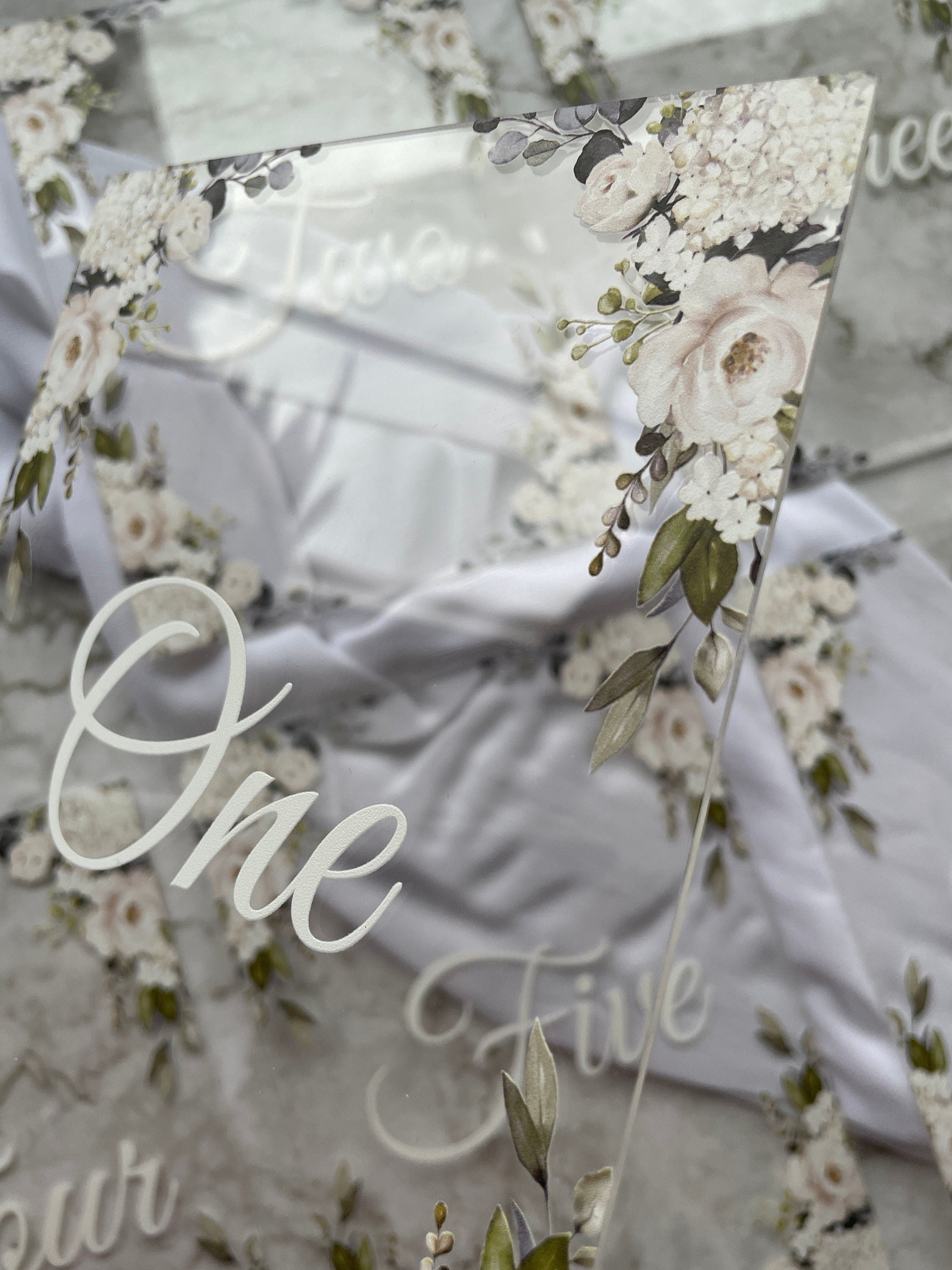 Elegant Floral Acrylic Wedding Table Numbers, Eucalyptus Design thumbnail 3