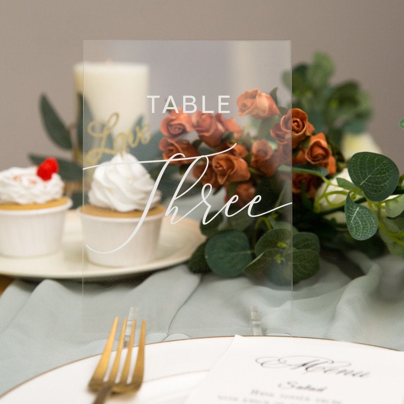 Clear Acrylic Wedding Table Number/Name Sign, Minimalist Design (5x7 inches) thumbnail 2