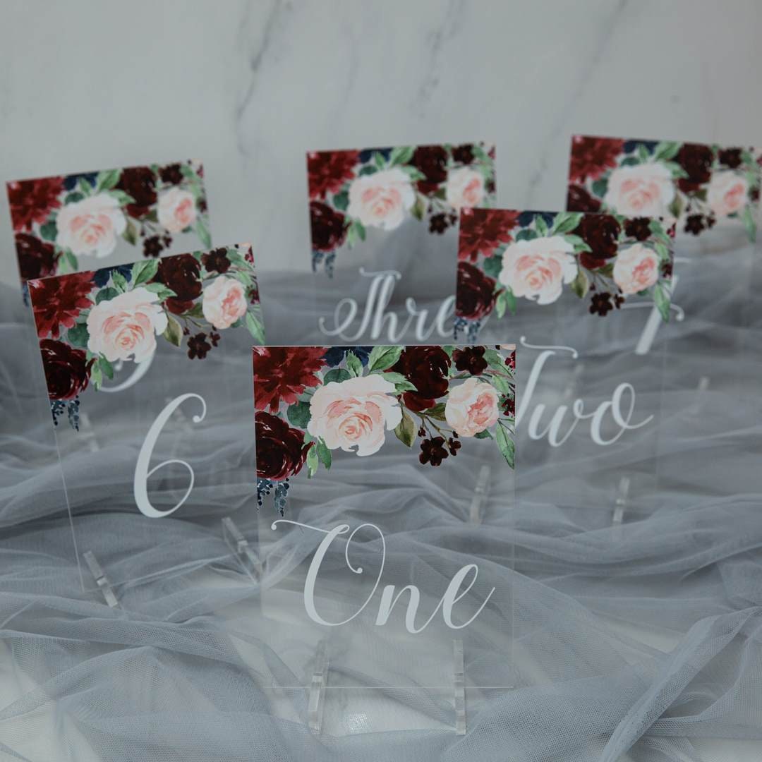 Burgundy Floral Acrylic Wedding Table Number or Name Sign image 1