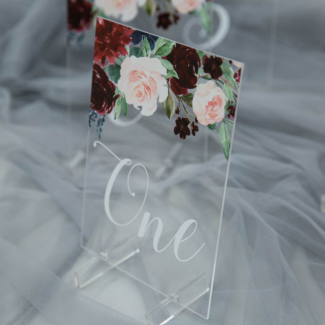 Burgundy Floral Acrylic Wedding Table Number or Name Sign thumbnail 2