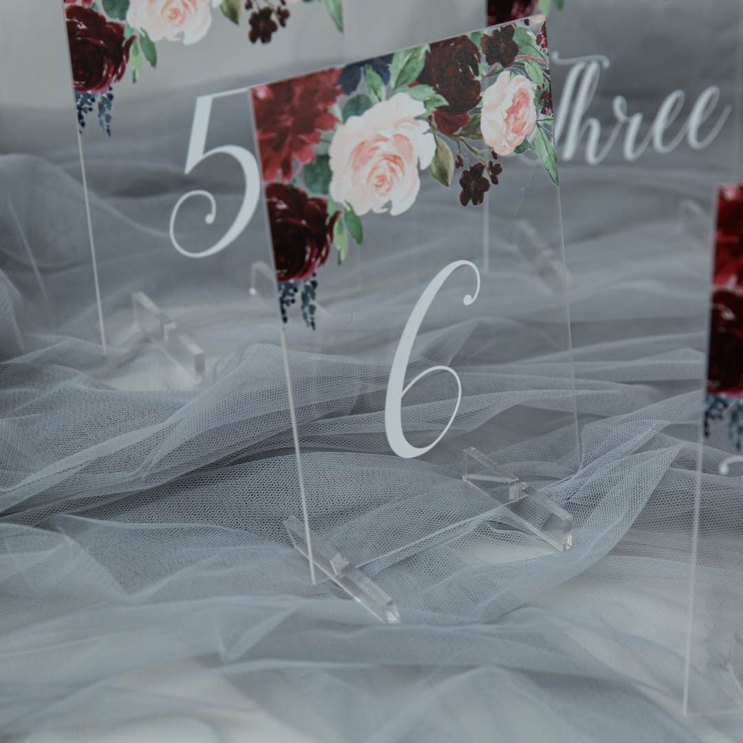 Burgundy Floral Acrylic Wedding Table Number or Name Sign thumbnail 3