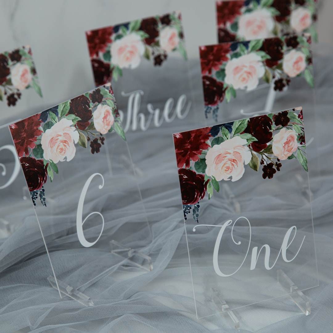 Burgundy Floral Acrylic Wedding Table Number or Name Sign thumbnail 4