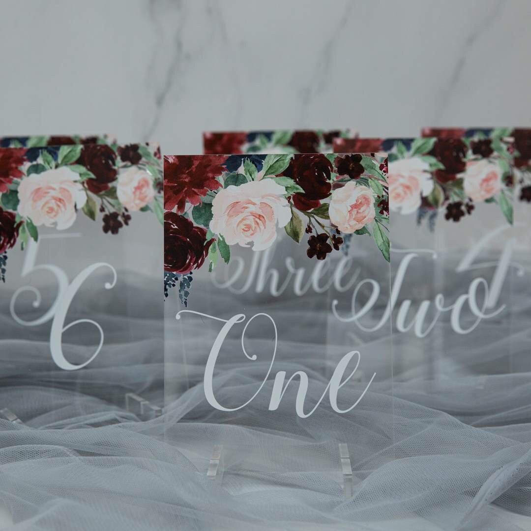 Burgundy Floral Acrylic Wedding Table Number or Name Sign thumbnail 5