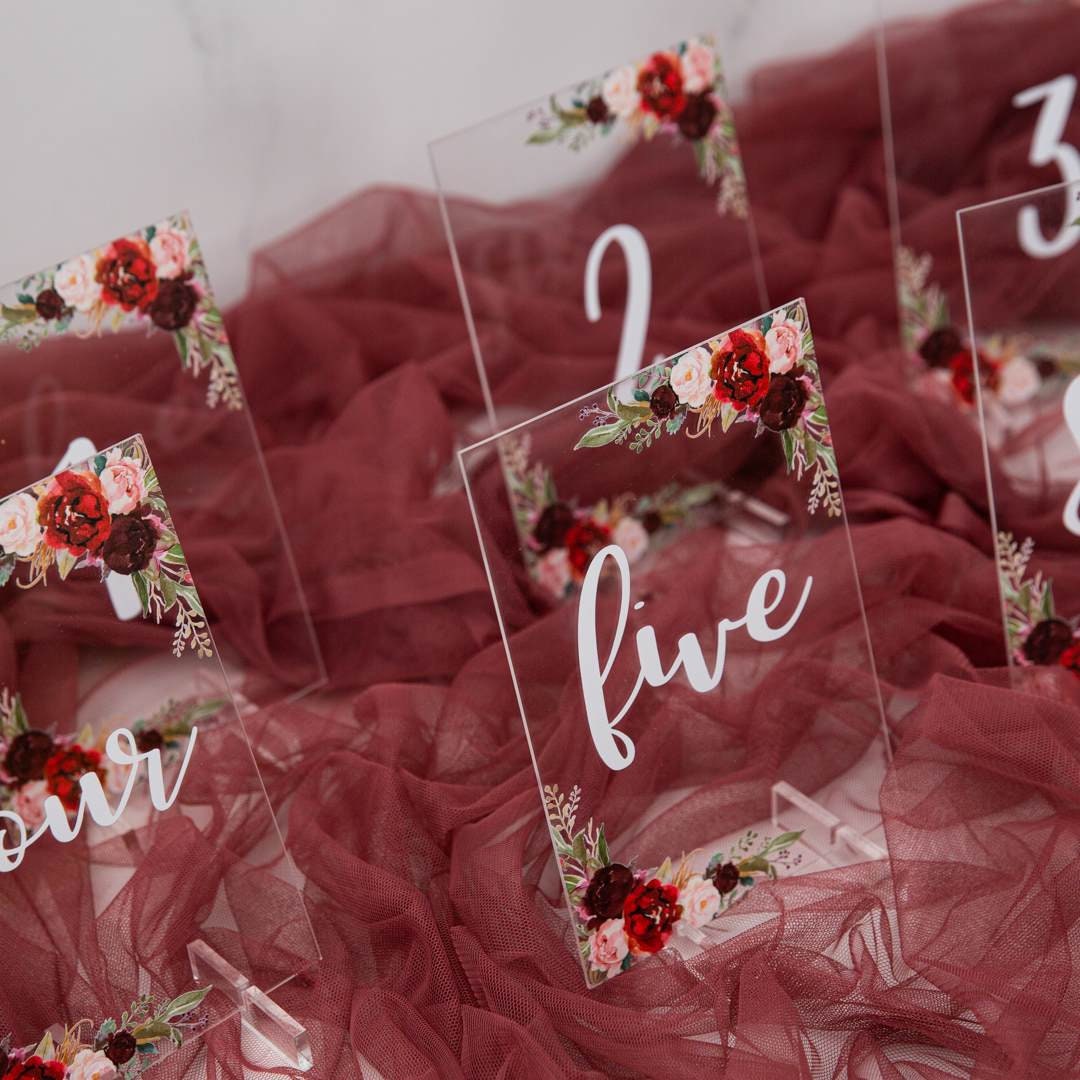 Burgundy Blush Floral Acrylic Wedding Table Number image 1