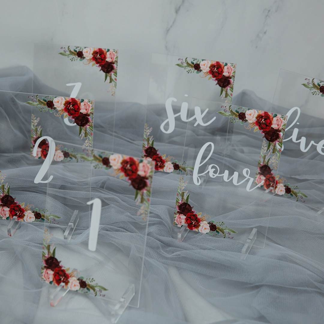 Burgundy Blush Floral Acrylic Wedding Table Number thumbnail 2