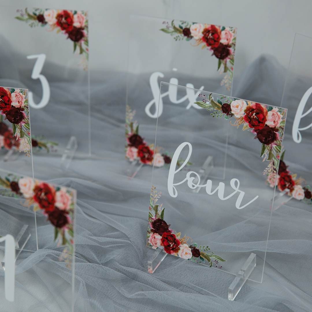 Burgundy Blush Floral Acrylic Wedding Table Number thumbnail 3