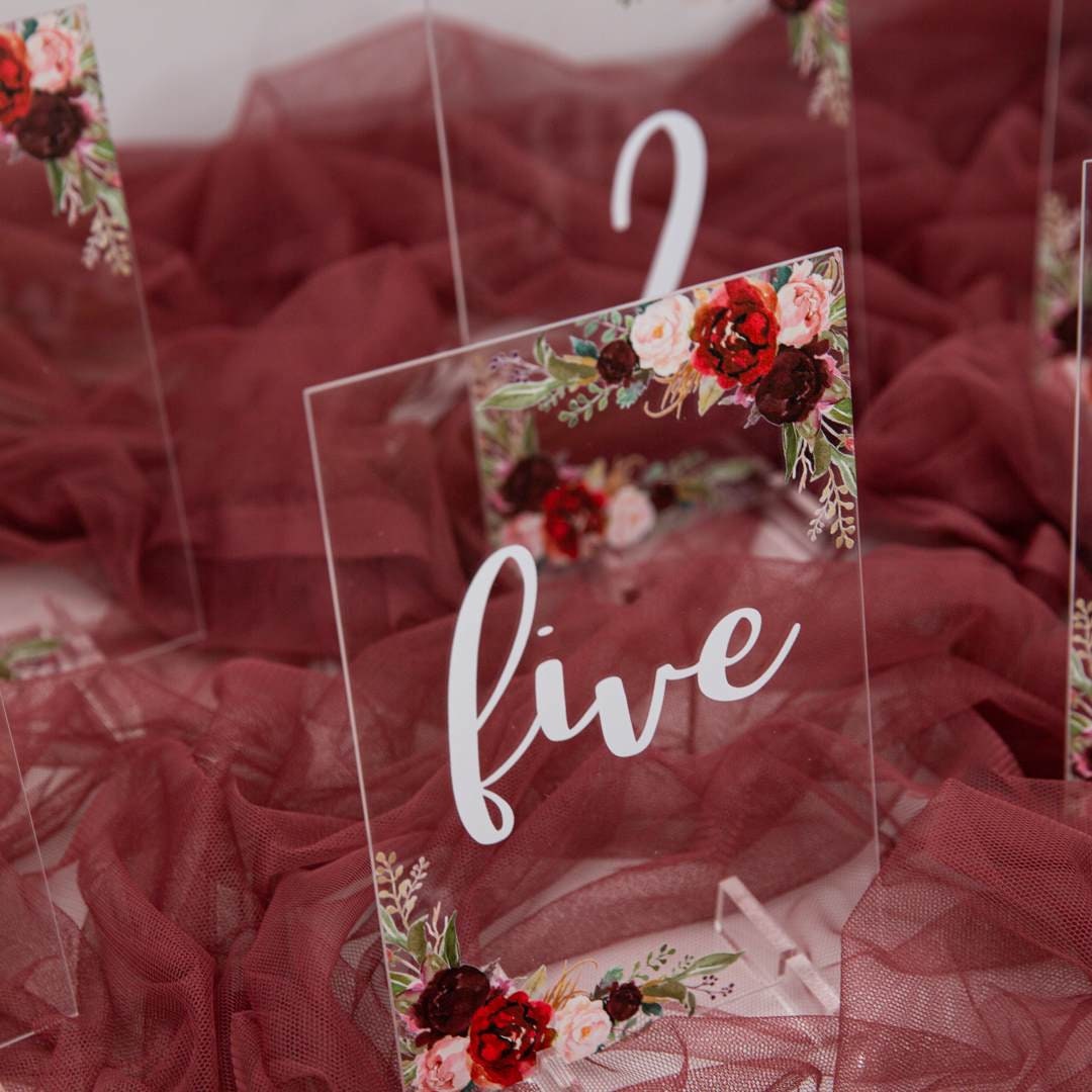 Burgundy Blush Floral Acrylic Wedding Table Number thumbnail 4