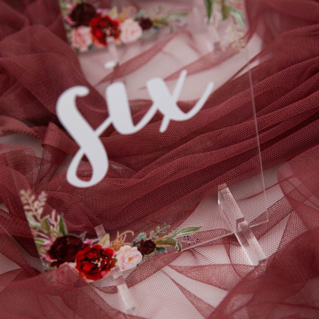 Burgundy Blush Floral Acrylic Wedding Table Number thumbnail 5