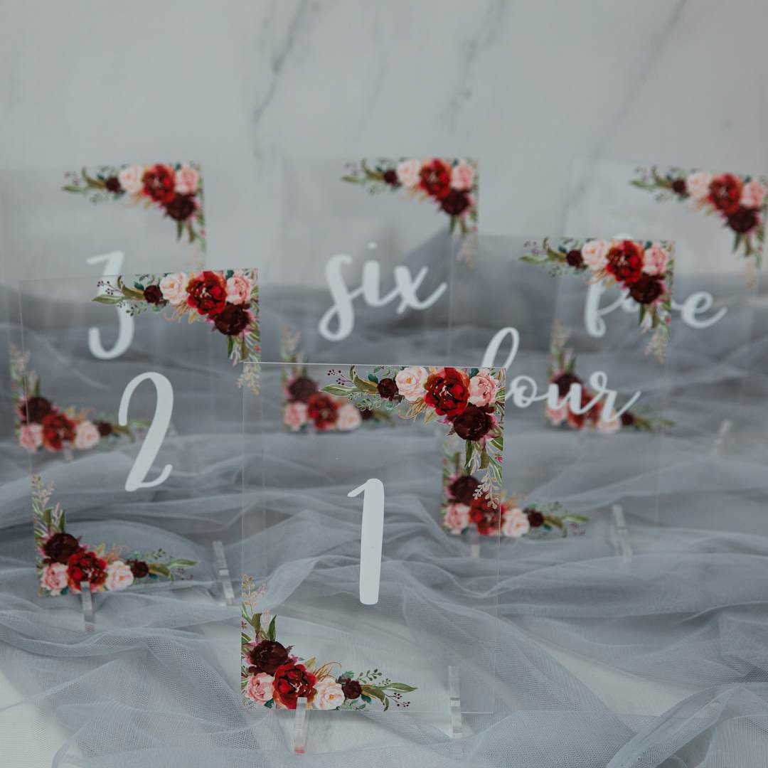 Burgundy Blush Floral Acrylic Wedding Table Number thumbnail 6