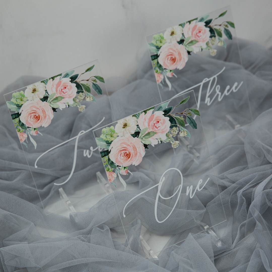 Blush Pink Floral Acrylic Wedding Table Name thumbnail 3