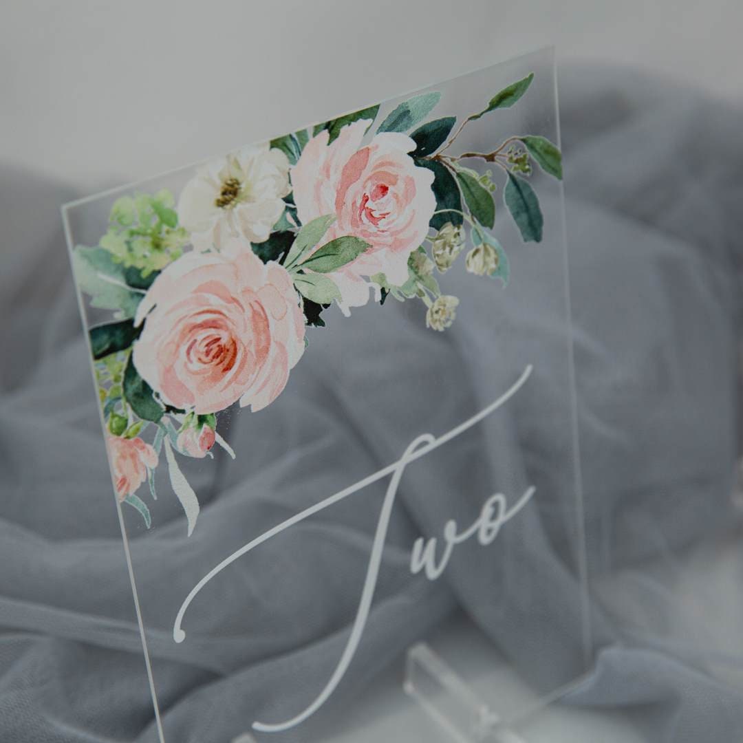 Blush Pink Floral Acrylic Wedding Table Name thumbnail 5