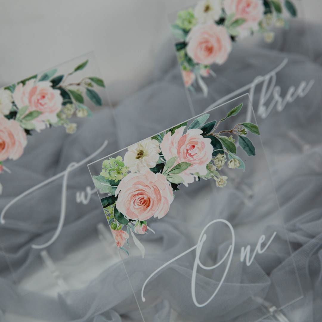 Blush Pink Floral Acrylic Wedding Table Name thumbnail 6