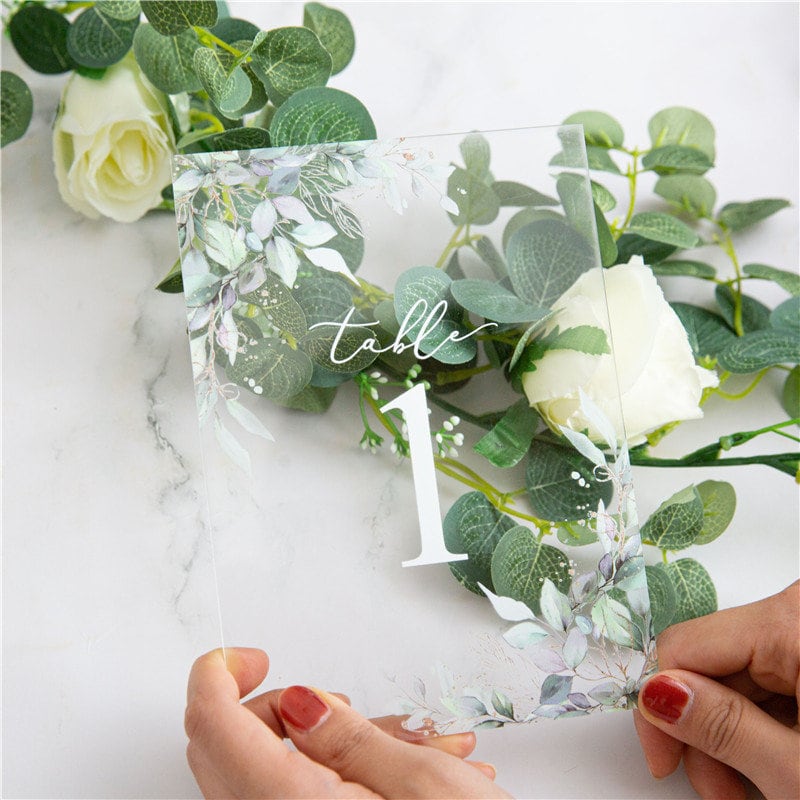 Clear Eucalyptus Table Names / Numbers for wedding tables, with stands image 1
