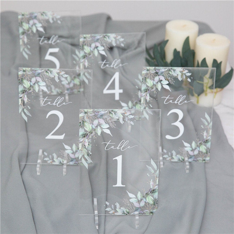 Clear Eucalyptus Table Names / Numbers for wedding tables, with stands thumbnail 3
