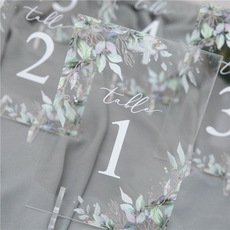 Clear Eucalyptus Table Names / Numbers for wedding tables, with stands thumbnail 4