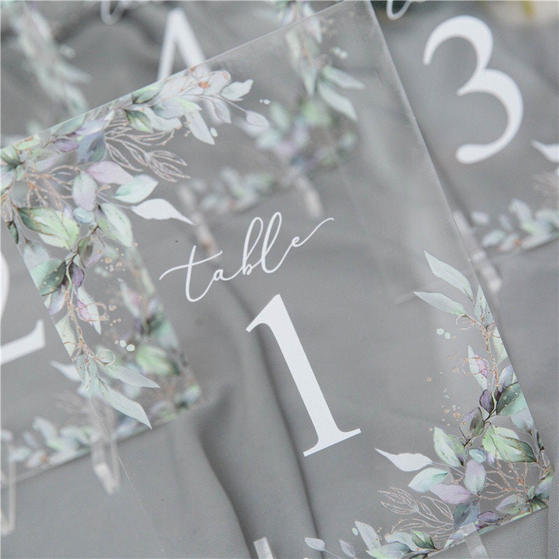 Clear Eucalyptus Table Names / Numbers for wedding tables, with stands thumbnail 5
