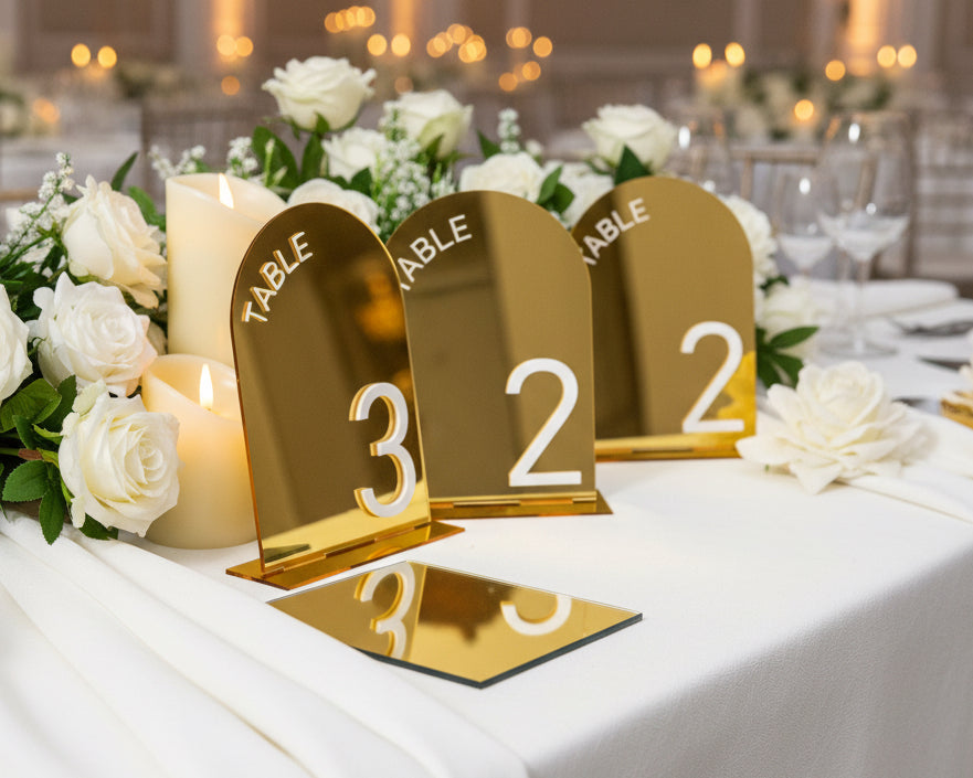 Arch Wedding Table Numbers and Names in Gold Mirror Acrylic and White 3D Letters image 1