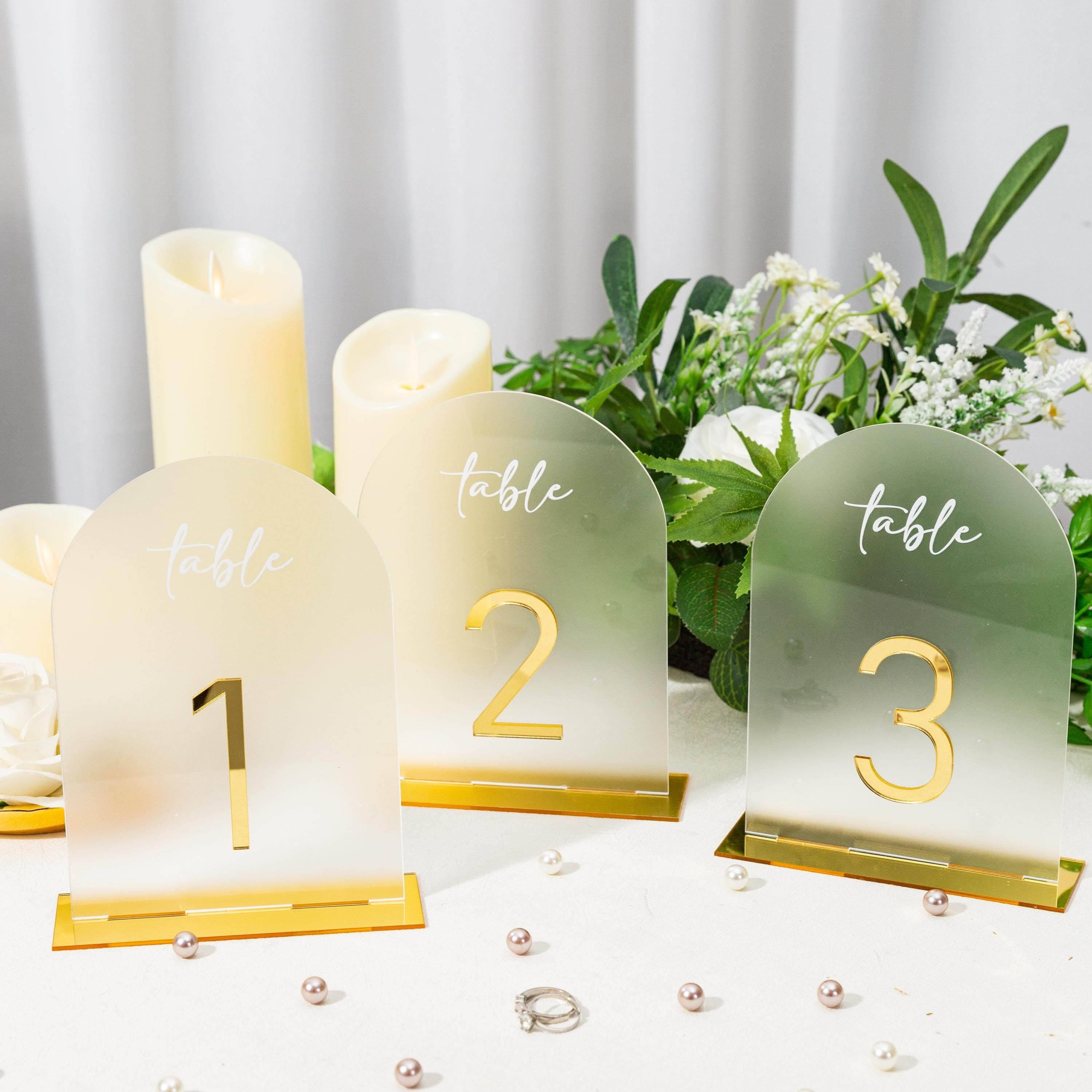 Arch Wedding Table Numbers and Names in Gold Mirror Acrylic and White 3D Letters image 1