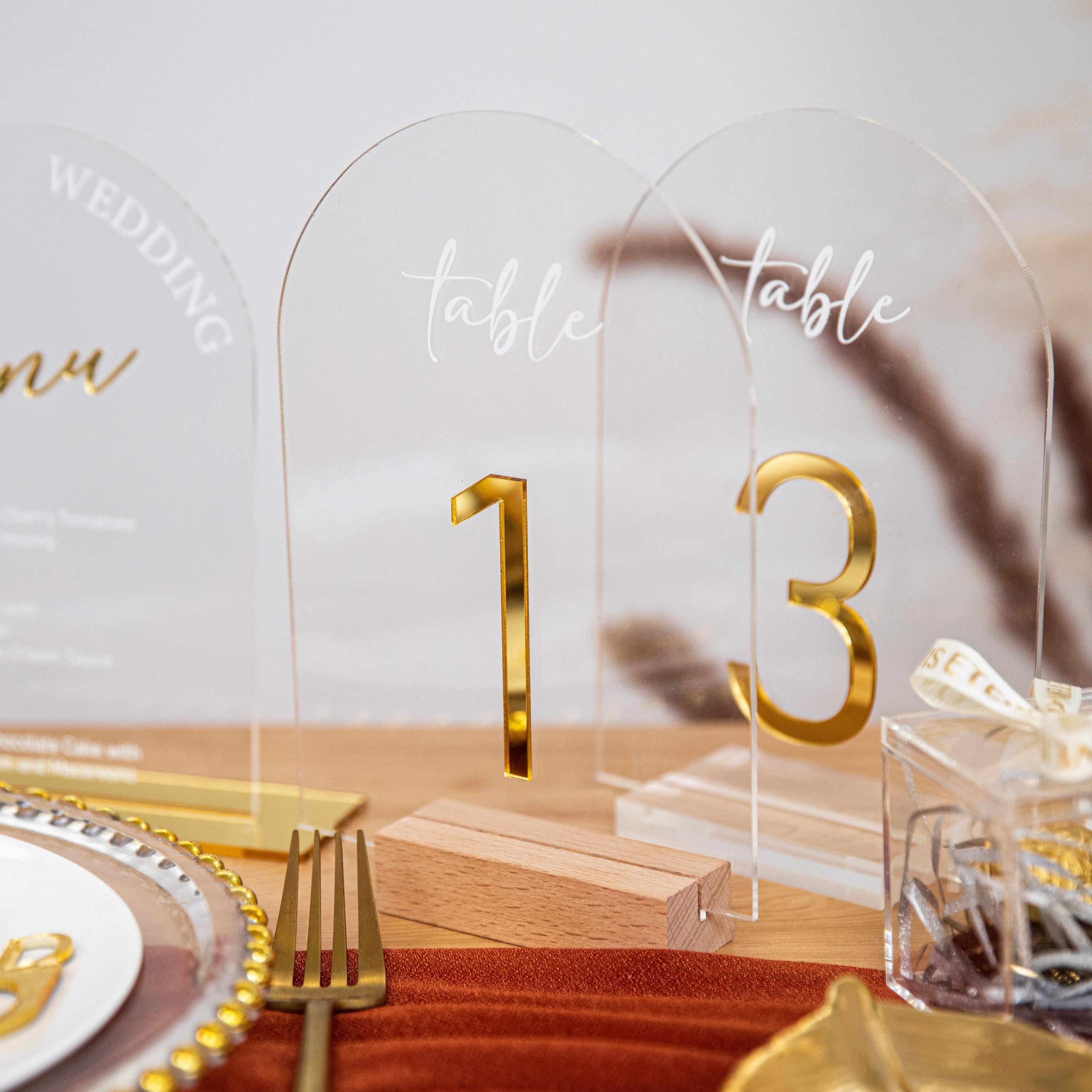Arch Wedding Table Numbers and Names in Clear Acrylic and Gold Mirror 3D Letters image 1