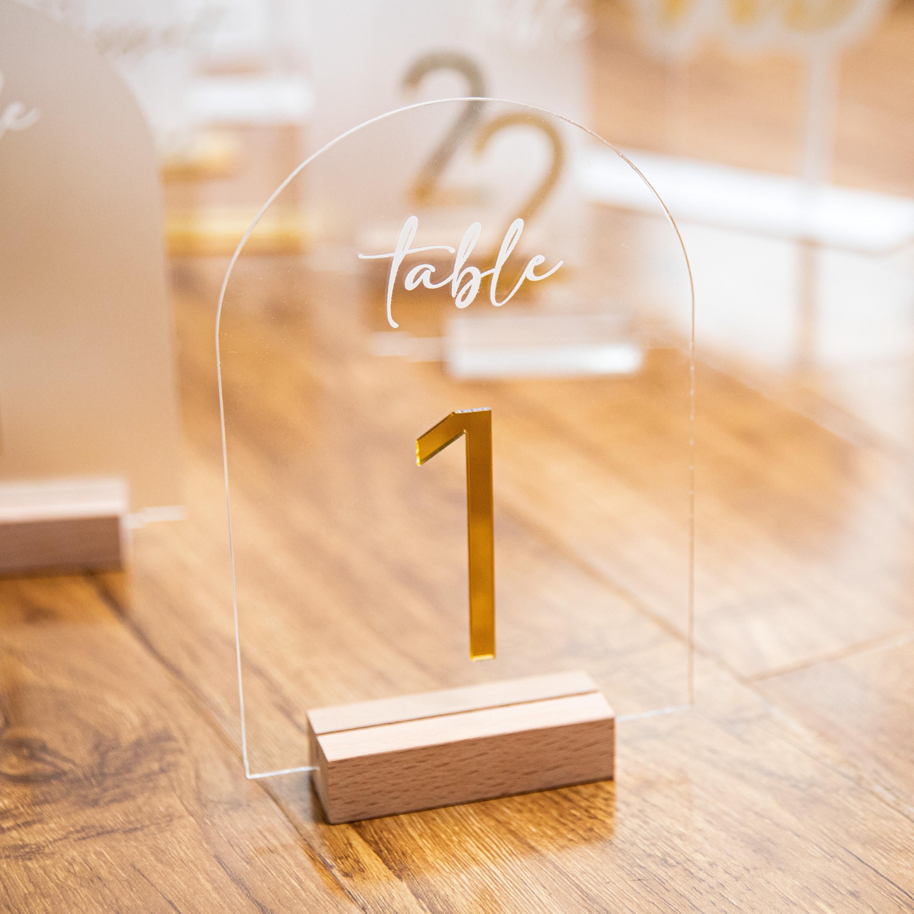 Arch Wedding Table Numbers and Names in Clear Acrylic and Gold Mirror 3D Letters thumbnail 2