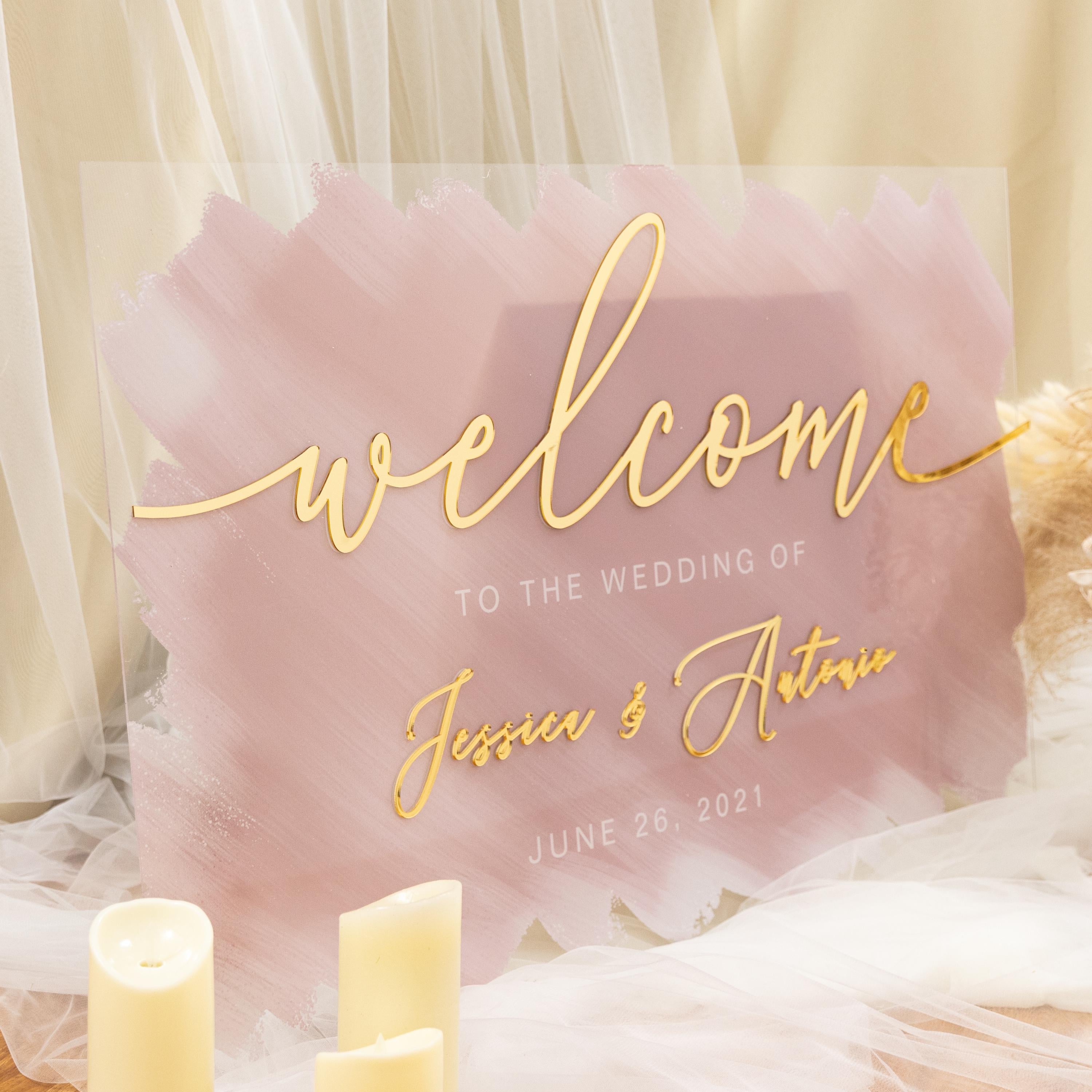 Watercolour blush pink and gold Wedding Welcome Sign with Gold Mirror 3D acrylic Names image 1