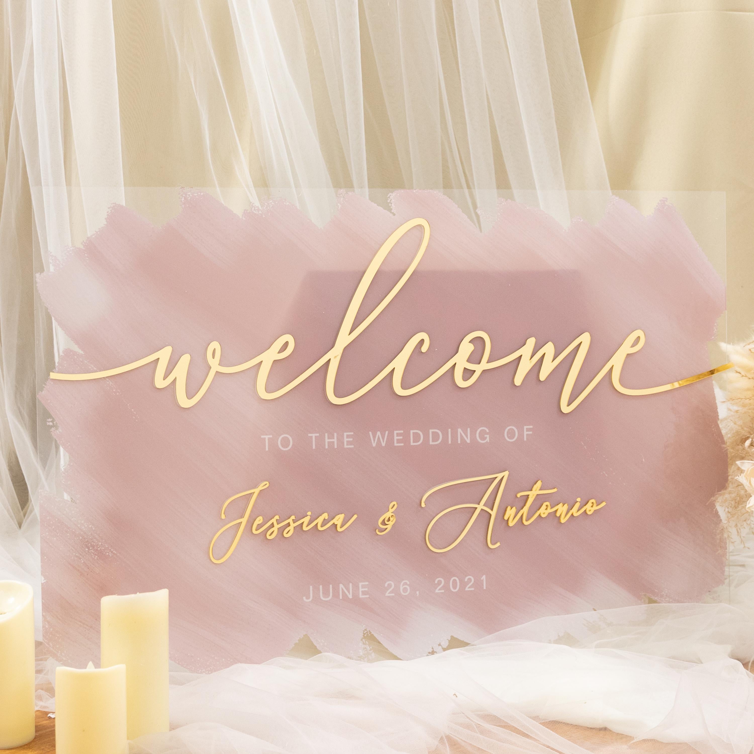 Watercolour blush pink and gold Wedding Welcome Sign with Gold Mirror 3D acrylic Names thumbnail 3