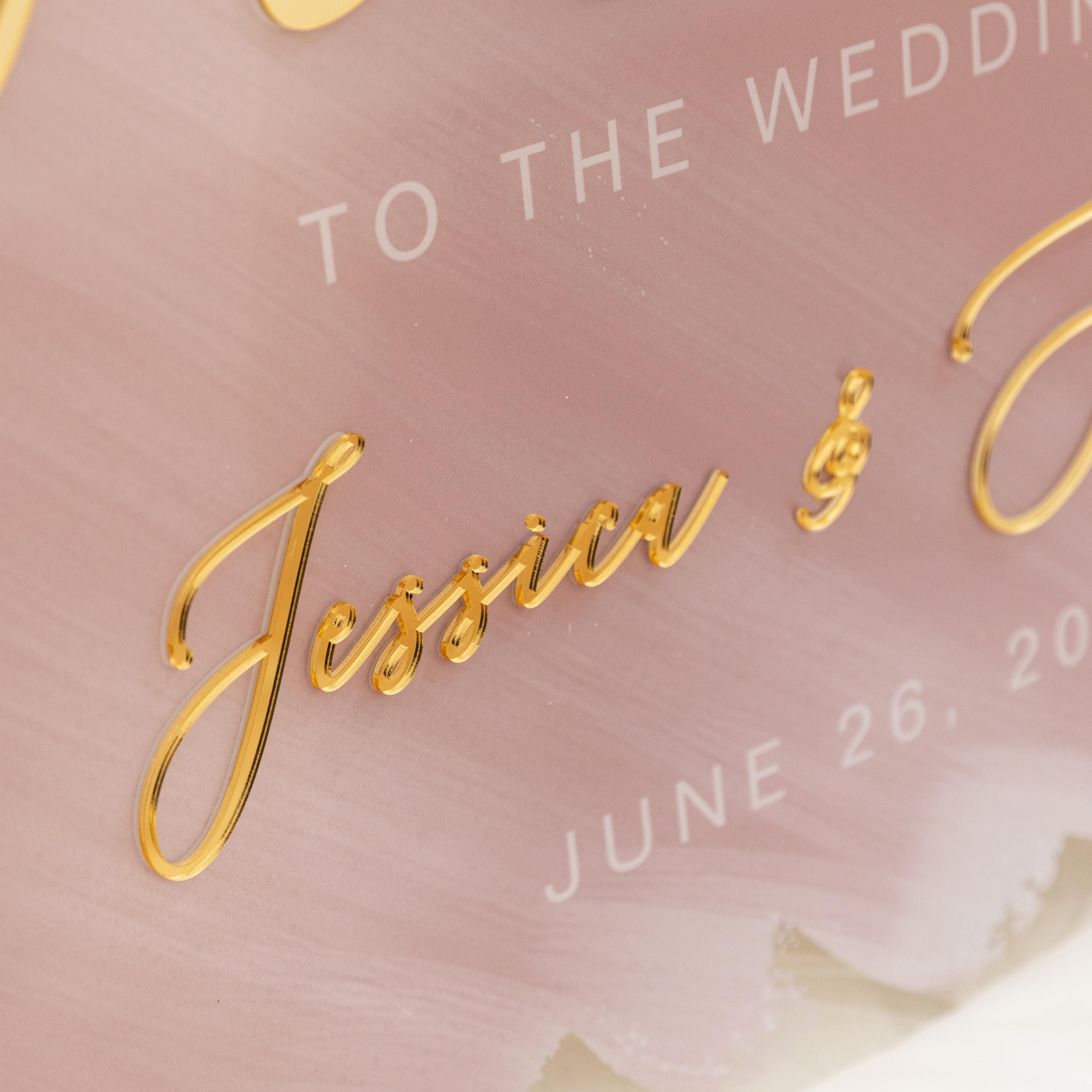 Watercolour blush pink and gold Wedding Welcome Sign with Gold Mirror 3D acrylic Names thumbnail 4