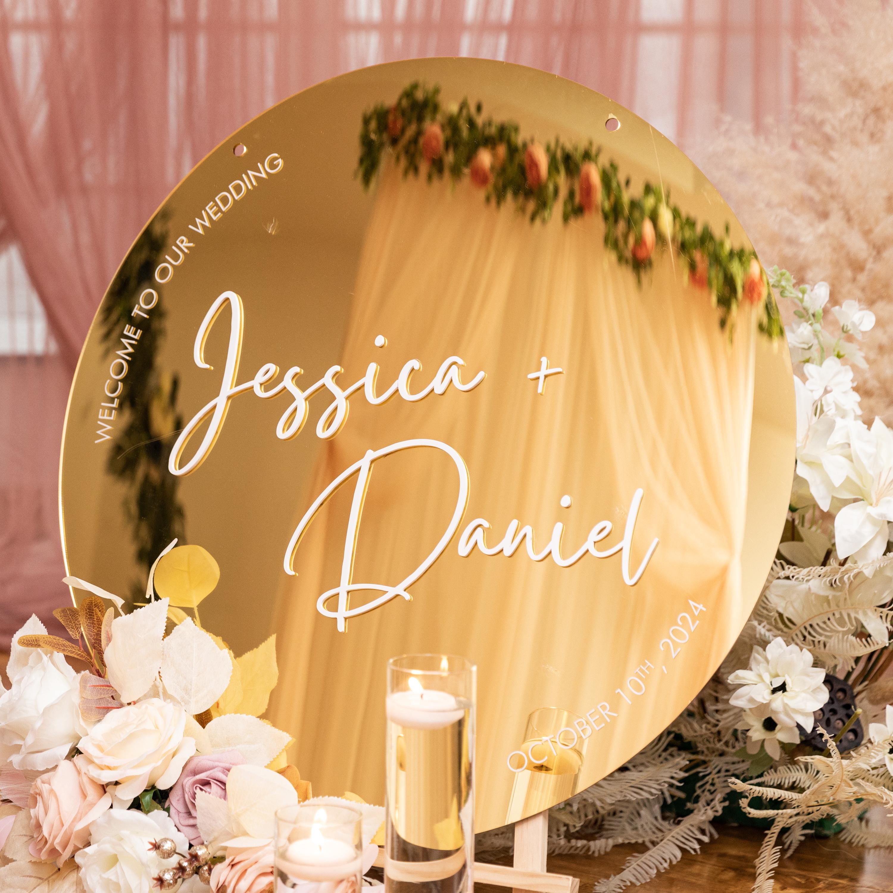 Gold Mirror Acrylic Wedding Welcome Sign | 3D Letter Names image 1