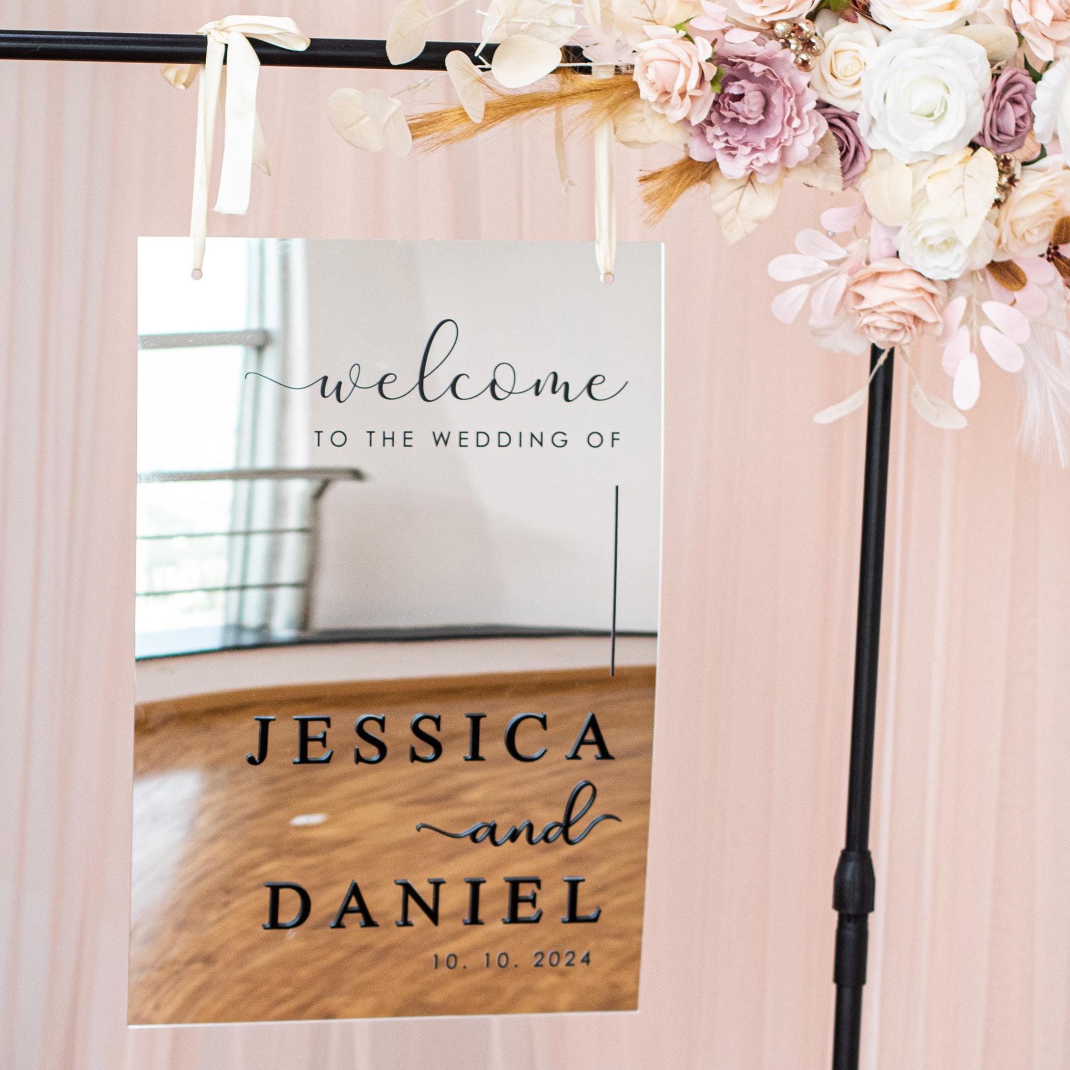 Silver Mirror Acrylic Wedding Welcome Sign | Black 3D Names image 1