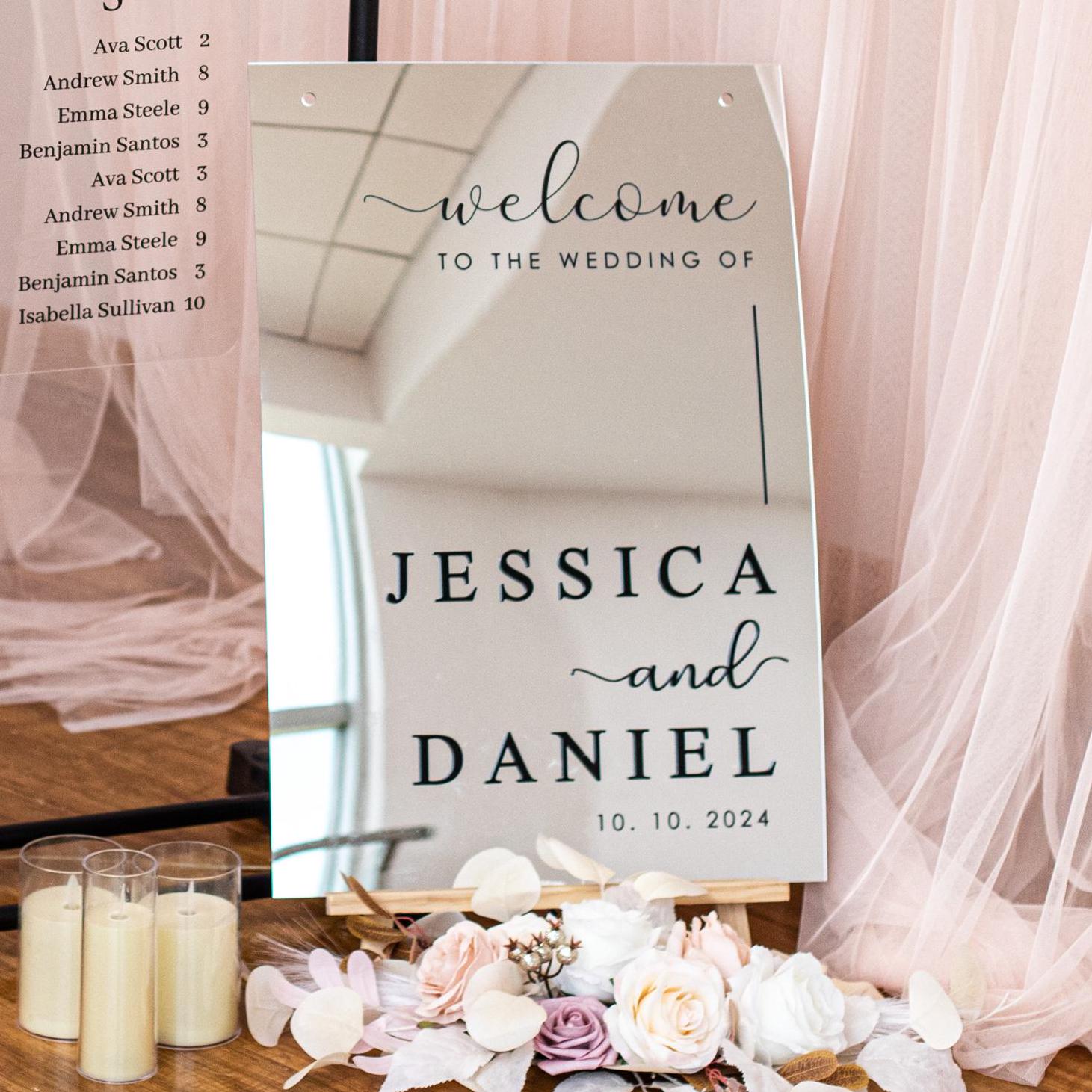 Silver Mirror Acrylic Wedding Welcome Sign | Black 3D Names thumbnail 4