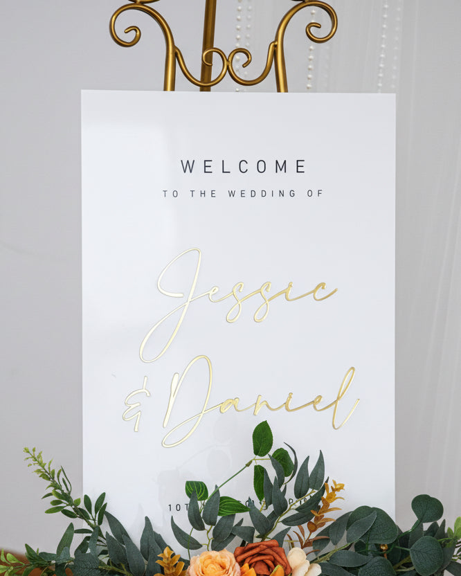 Modern Acrylic Wedding Welcome Sign, Gold 3D Names image 1