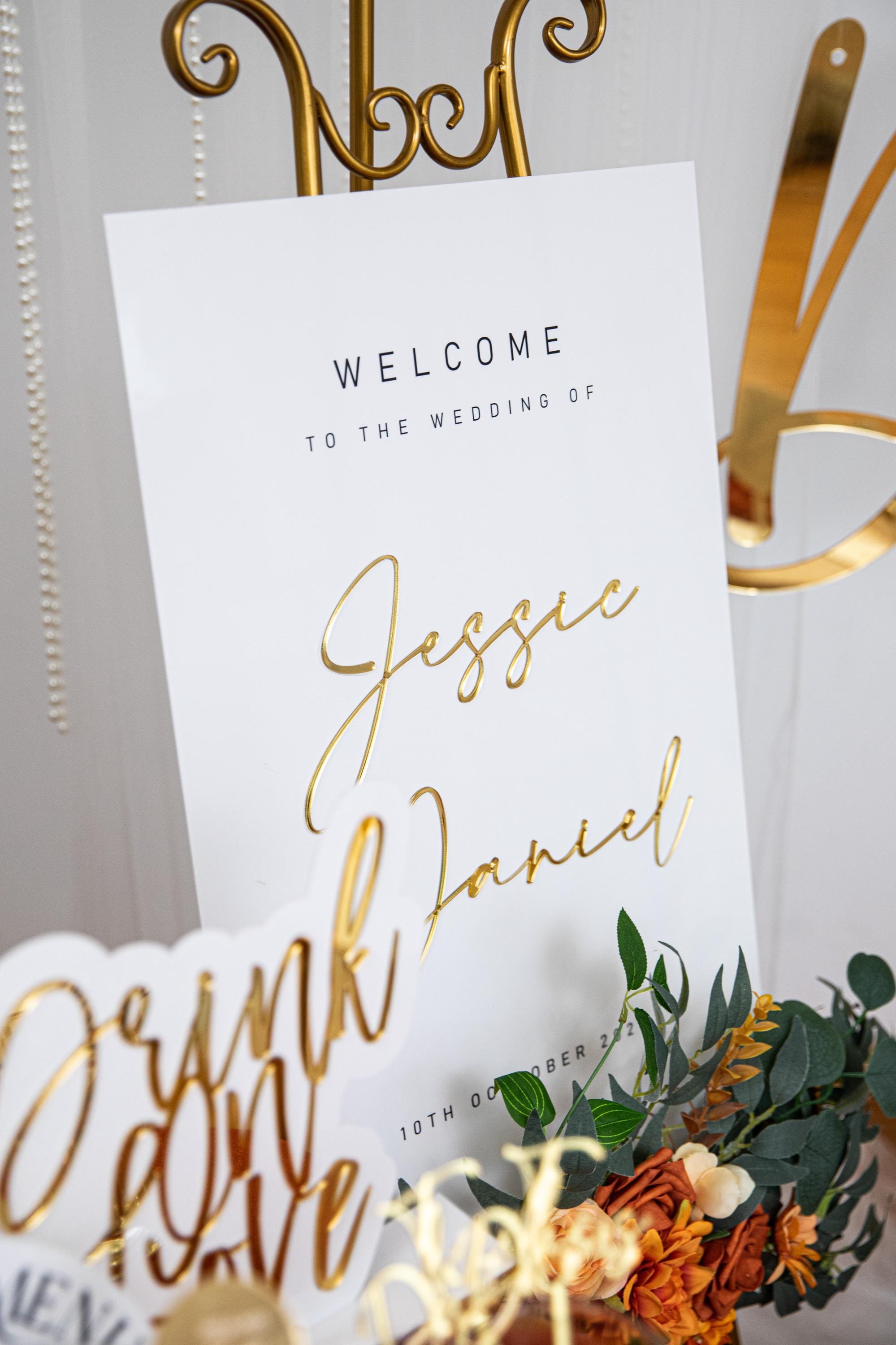 Modern Acrylic Wedding Welcome Sign, Gold 3D Names thumbnail 2