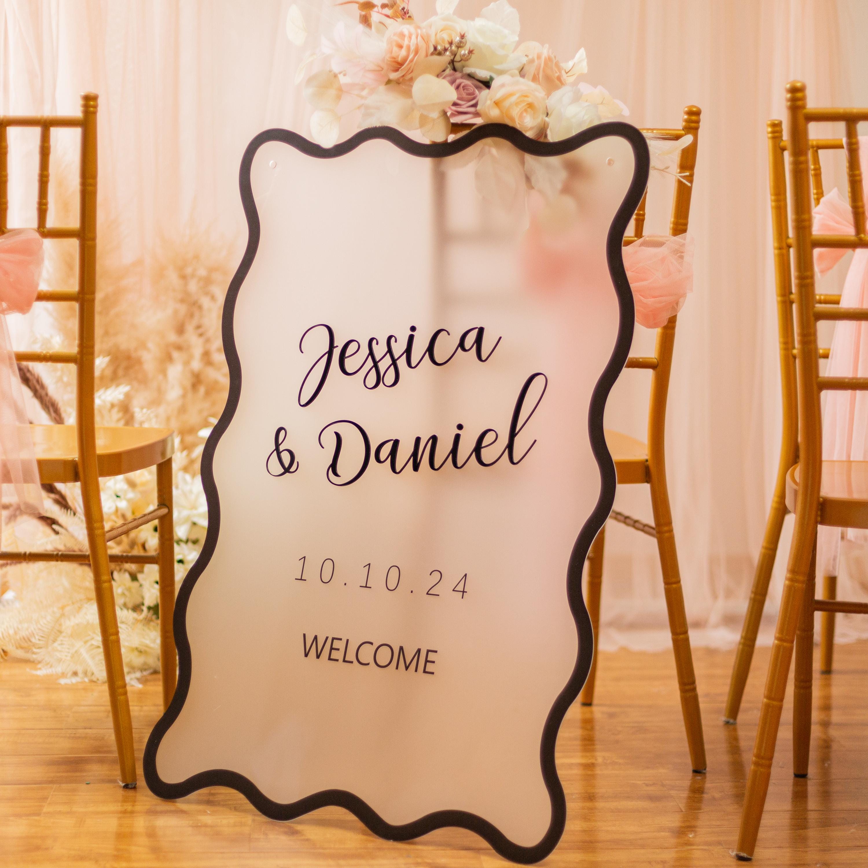 Wavy Modern Frosted Acrylic Wedding Welcome Sign, Black 3D Writing thumbnail 3