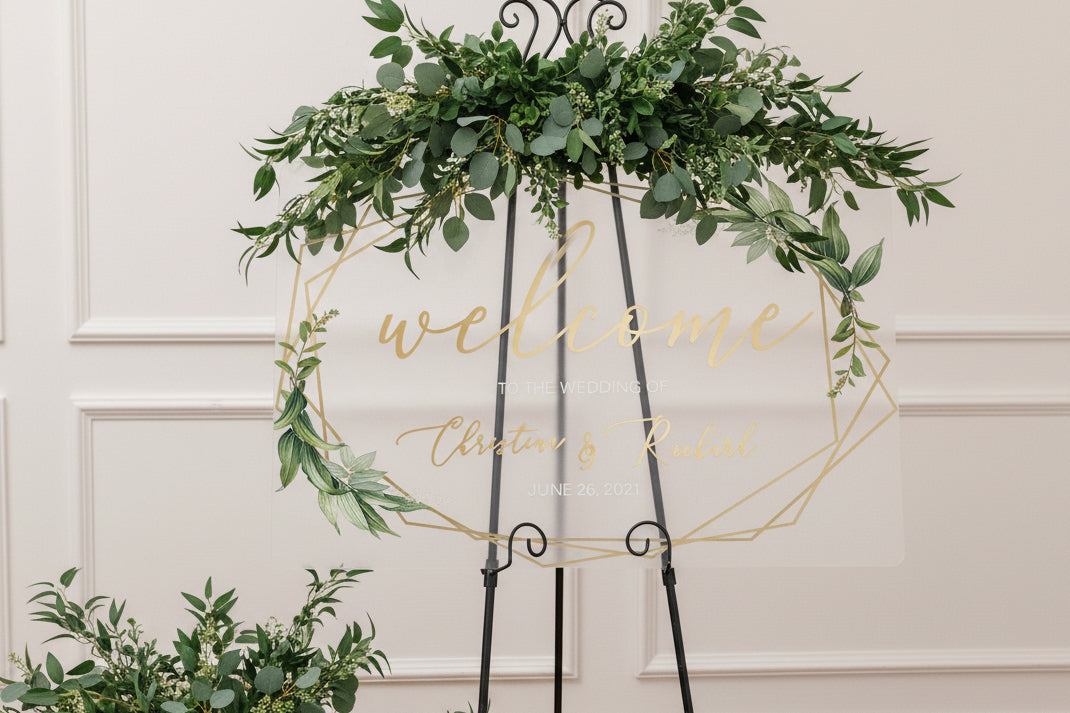 Geometric Foliage Wedding Welcome Sign, Gold Mirror Acrylic, Frosted Perspex image 1