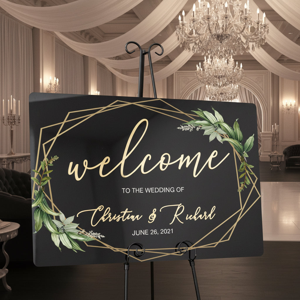 Geometric Foliage Wedding Welcome Sign, Gold Mirror Acrylic, Black Acrylic image 1