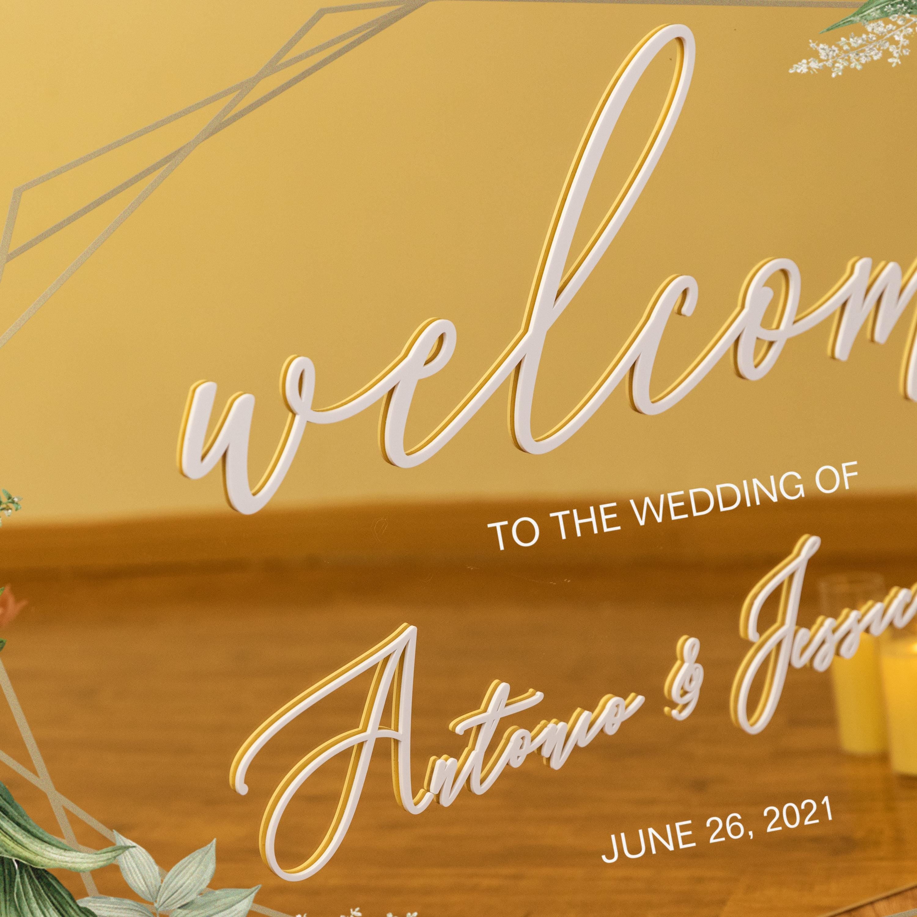 Geometric Foliage Wedding Welcome Sign, Gold Mirror Acrylic, 3D White Writing thumbnail 2
