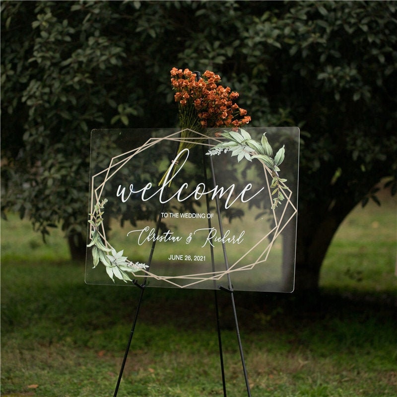 Geometric Foliage Calligraphy Acrylic Wedding Sign image 1