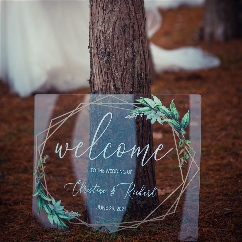 Geometric Foliage Calligraphy Acrylic Wedding Sign thumbnail 2