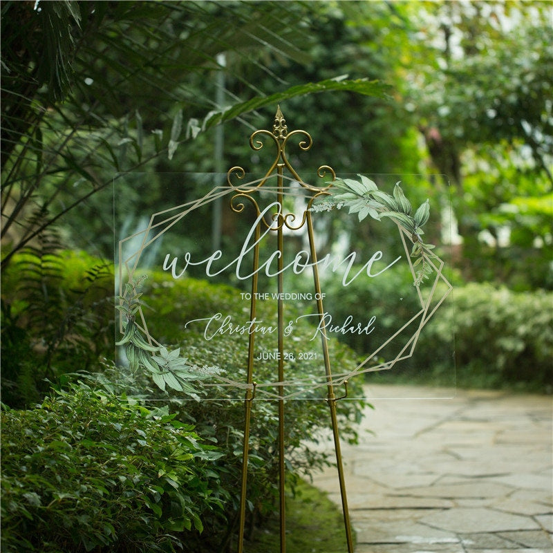 Geometric Foliage Calligraphy Acrylic Wedding Sign thumbnail 3