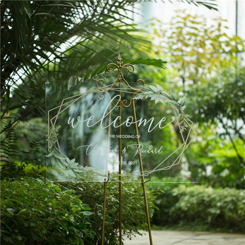 Geometric Foliage Calligraphy Acrylic Wedding Sign thumbnail 4