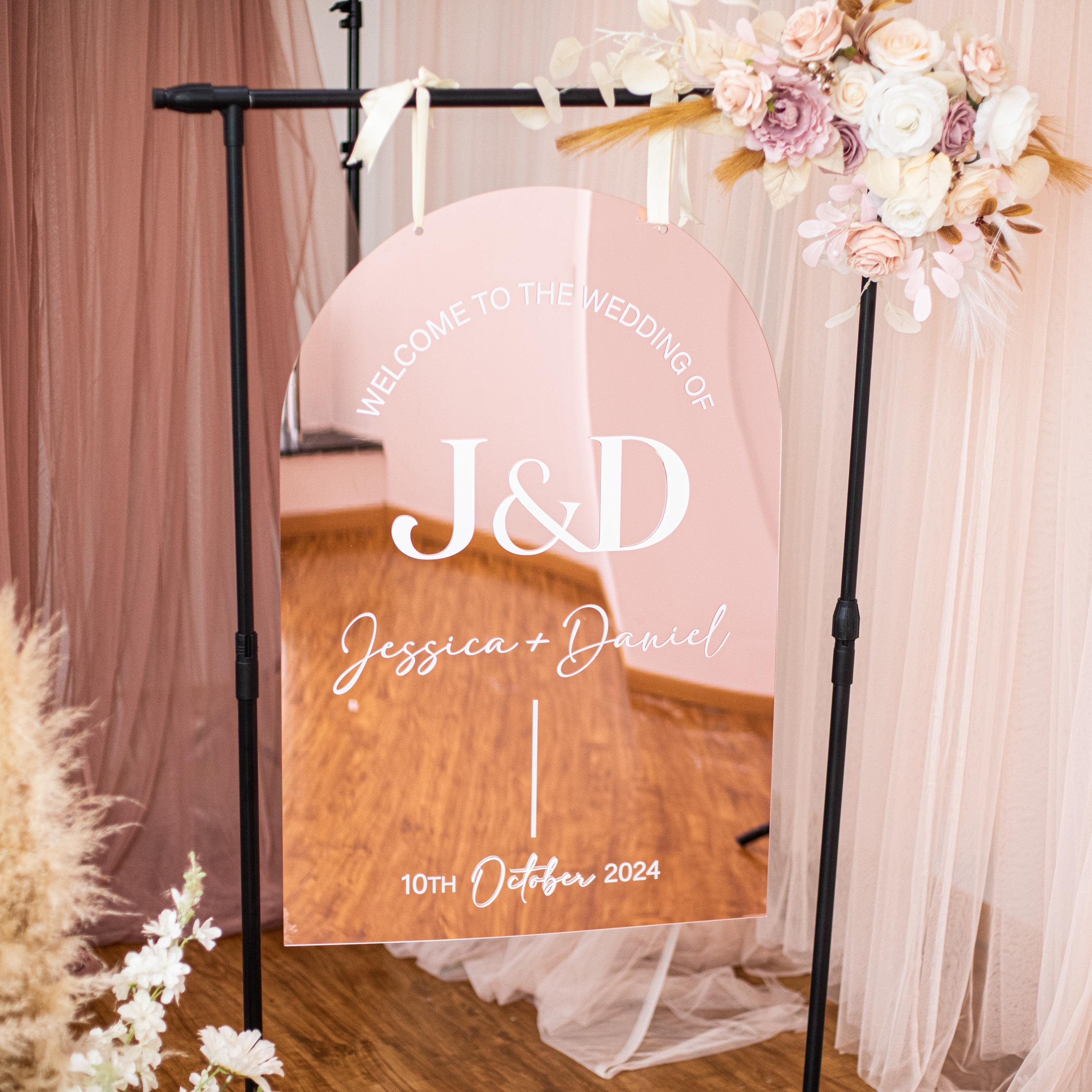 Full Arch Rose Gold Mirror Wedding Welcome Sign with white 3D Acrylic Lettering image 1