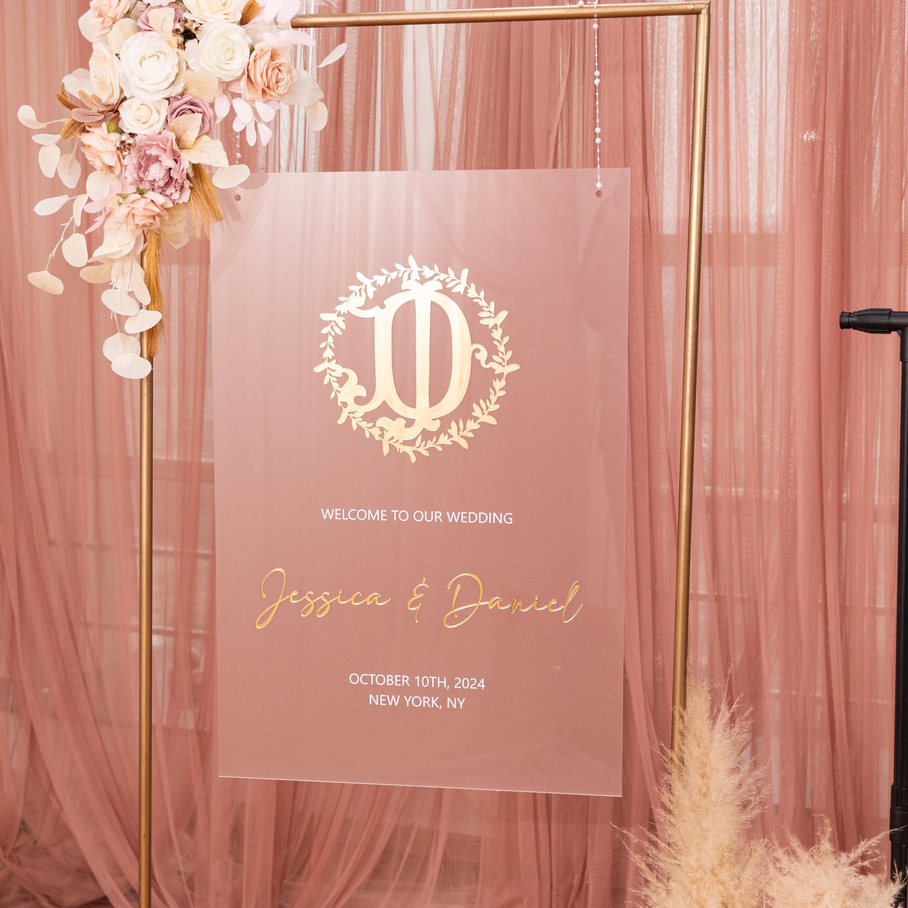 Frosted Acrylic Wedding Welcome Sign | Gold 3D Mirror Initial & Names image 1